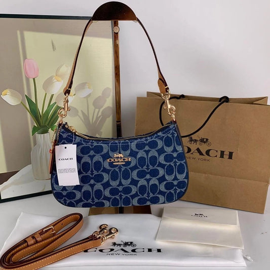 Denim Signature Print Shoulder Bag with Adjustable Strap – Blue