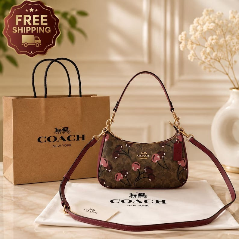 Cherry Print Shoulder Bag – Brown Signature-Style Crossbody Handbag