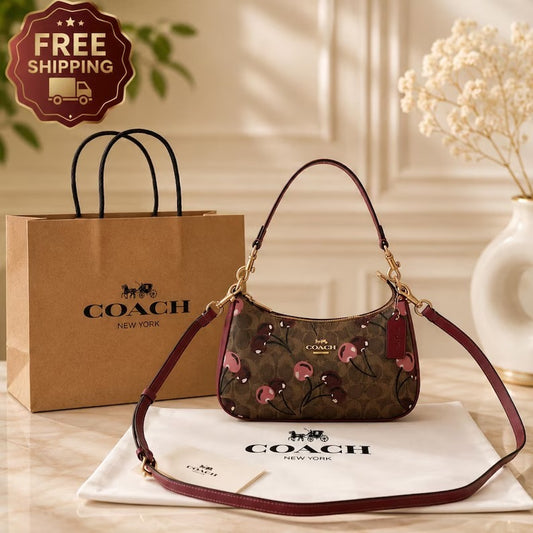 Cherry Print Shoulder Bag – Brown Signature-Style Crossbody Handbag