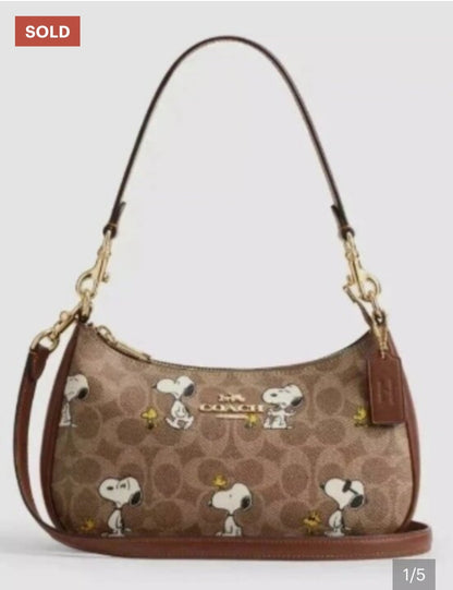 Brown Snoopy Print Shoulder Bag with Adjustable Crossbody Strap