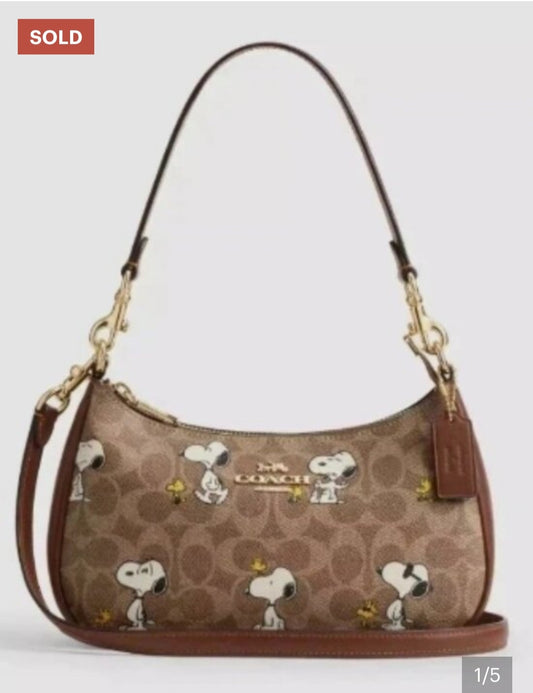 Brown Snoopy Print Shoulder Bag with Adjustable Crossbody Strap