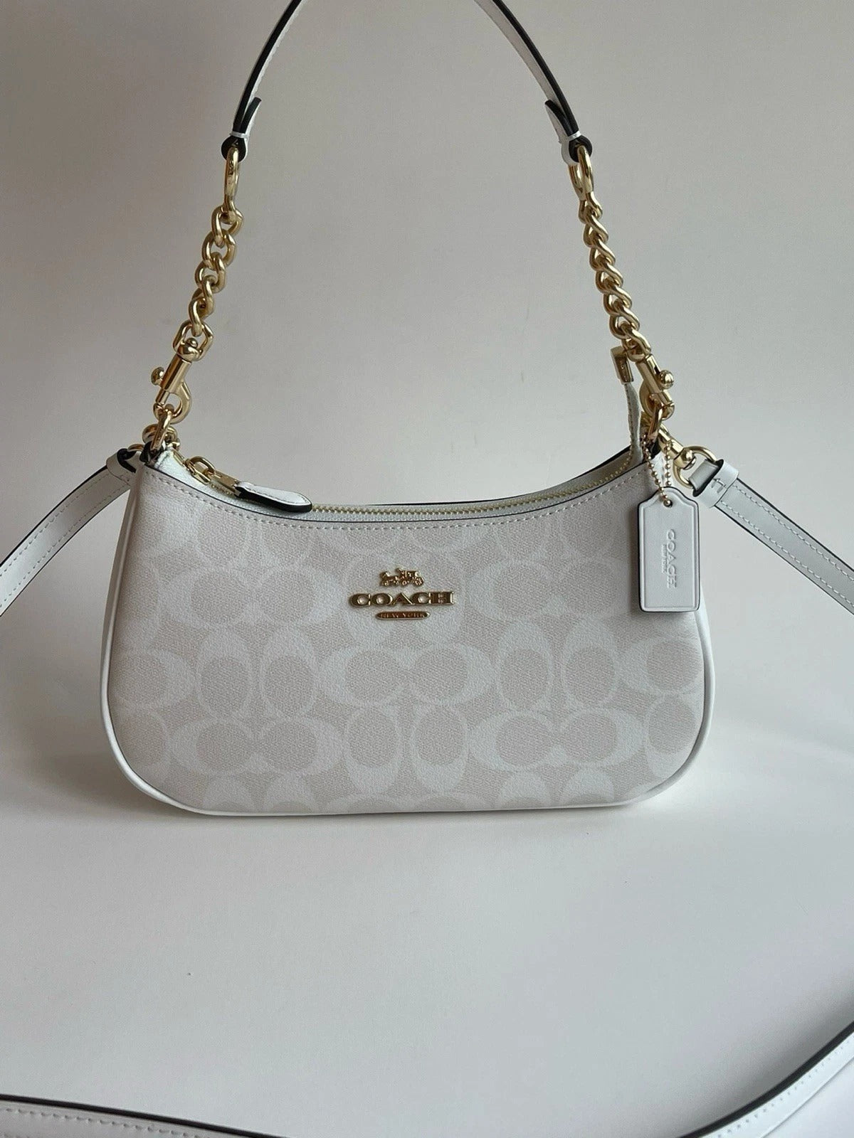 Coach White Signature Canvas Shoulder Bag with Gold-Tone Chain