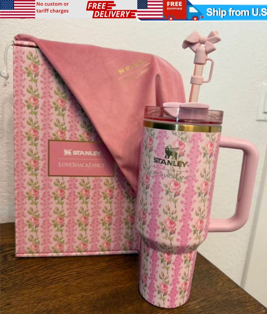 Stanley x LoveShackFancy Quencher H2.0 FlowState Tumbler 40 oz – Sunshine Rose – Limited Edition Gift Box – New